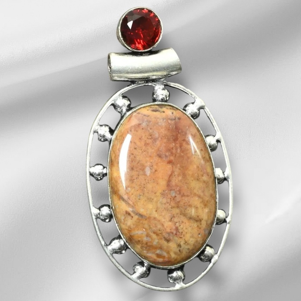 Handcrafted Artisan Dendrite Opal and Garnet Gemstone Handmade Pendant Jewelry